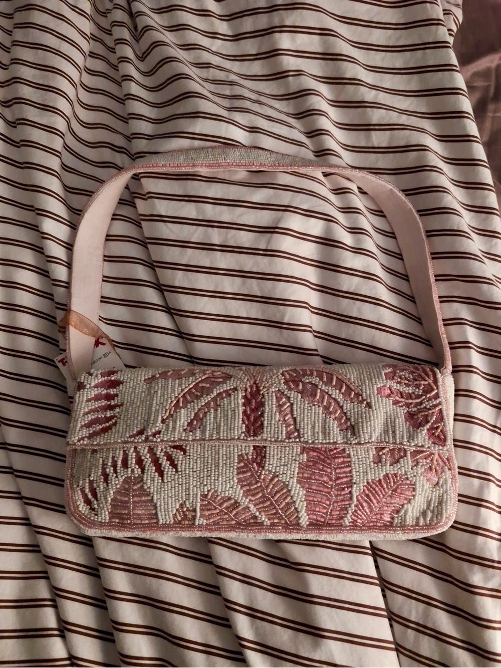 Beaded Palm Leaf Shoulder Bag in Pink and Ivory